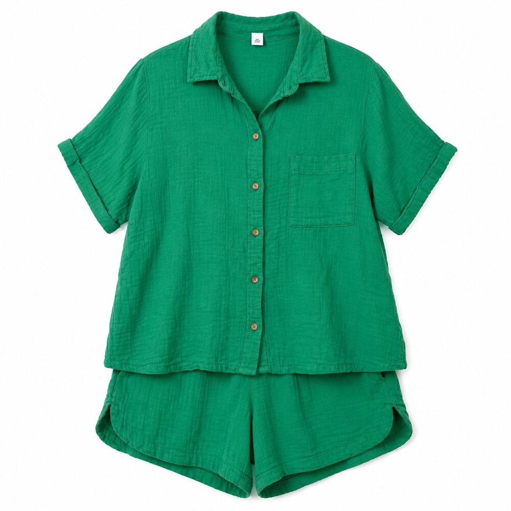 Old Navy Womens Large Green Crinkle Gauze Shirt Shorts Set Coastal Beach Resort